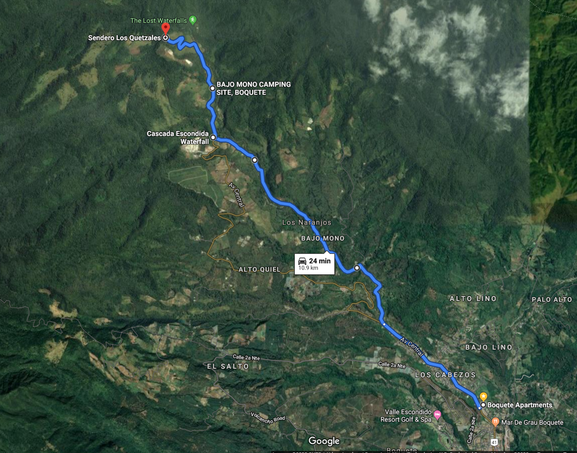 Der Weg vom Aparthotel Boquete zu den Wasserfällen Boquetes. (Google Maps)