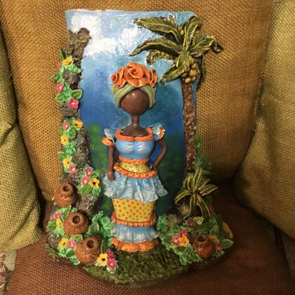 "Caribbean woman", terracotta roof tile, decorated with cold ceramic